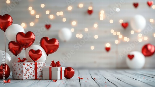 3D rendering of heart-shaped balloons, gift boxes, and ball lights for Valentine's Day, perfect for festive designs and banners.