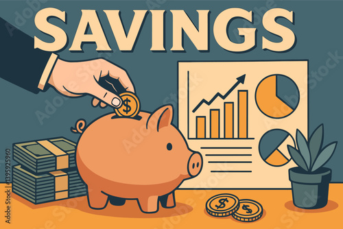 Hand placing coin into piggy bank with financial charts. Savings concept. Vector illustration
