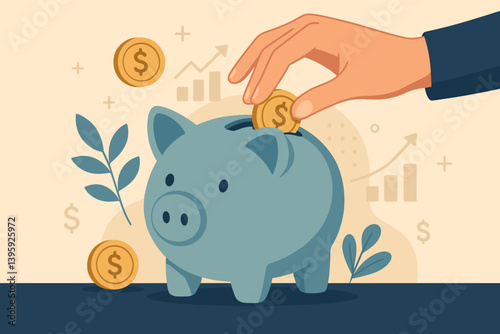 Hand placing coin into piggy bank with financial growth symbols. Vector illustration