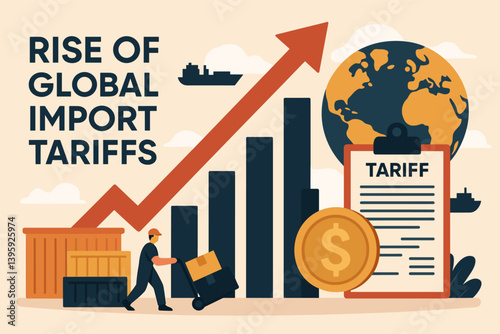 Rising global import tariffs with shipping containers and cargo worker. Vector illustration