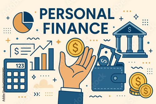 Personal finance concept with hand holding coin, wallet, and charts. Line art concept. Vector illustration
