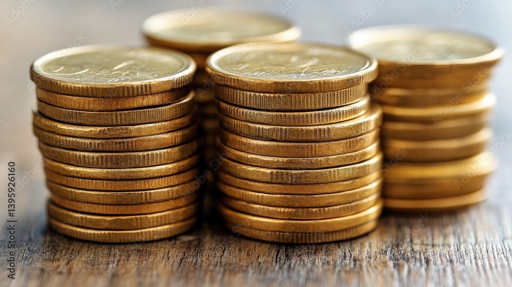 Stacks of gold coins on a wooden surface Stacks of gold coins on a wooden surface