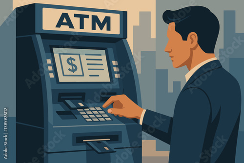 Man using atm for cash withdrawal in the city street. Trendy flat design. Vector illustration