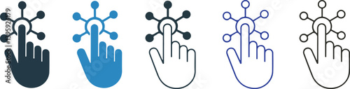  Set of Hand Icons with Interaction and Connecting Nodes, Touching Network

