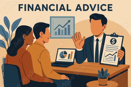 Financial advisor giving consultation to couple with charts. Vector illustration