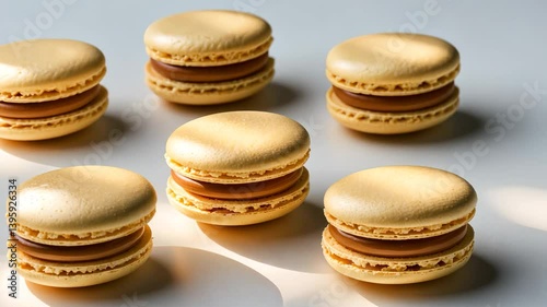 Close-up videograph of a caramel macaron on a white backdrop. photo