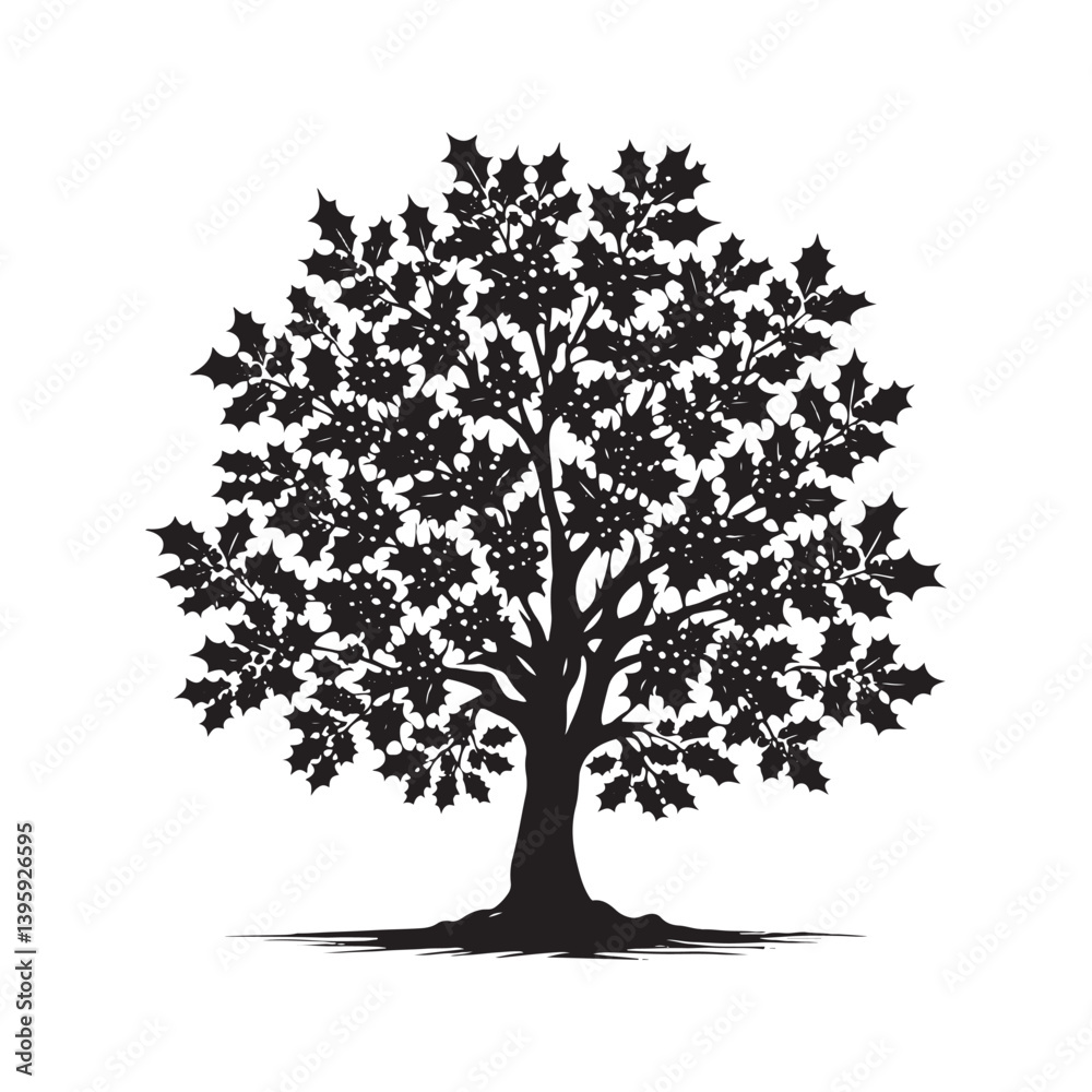 Fototapeta premium Holly Tree Art - Minimalist holly tree Silhouette - Holly Tree Vector - Tree Illustration.
