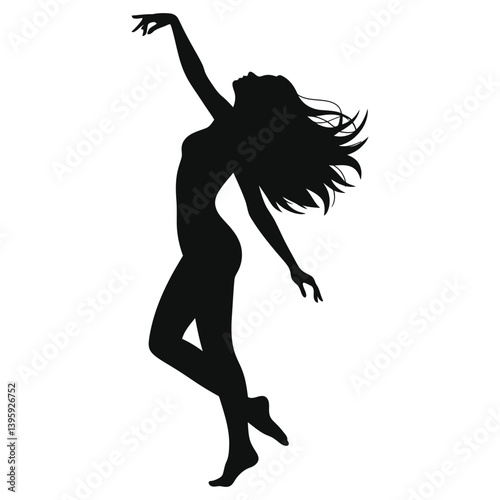 Graceful Silhouette of a Woman Soaring Above a Soft Pink Background/A dynamic silhouette of a woman with outstretched arms and flowing hair, set against a solid, light pink background.