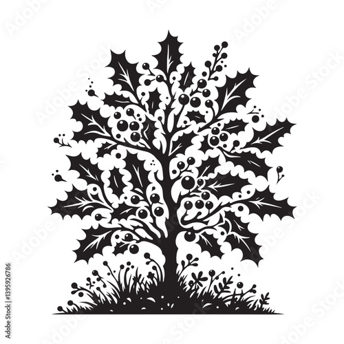 Holly Tree Art - Minimalist holly tree Silhouette - Holly Tree Vector - Tree Illustration.
