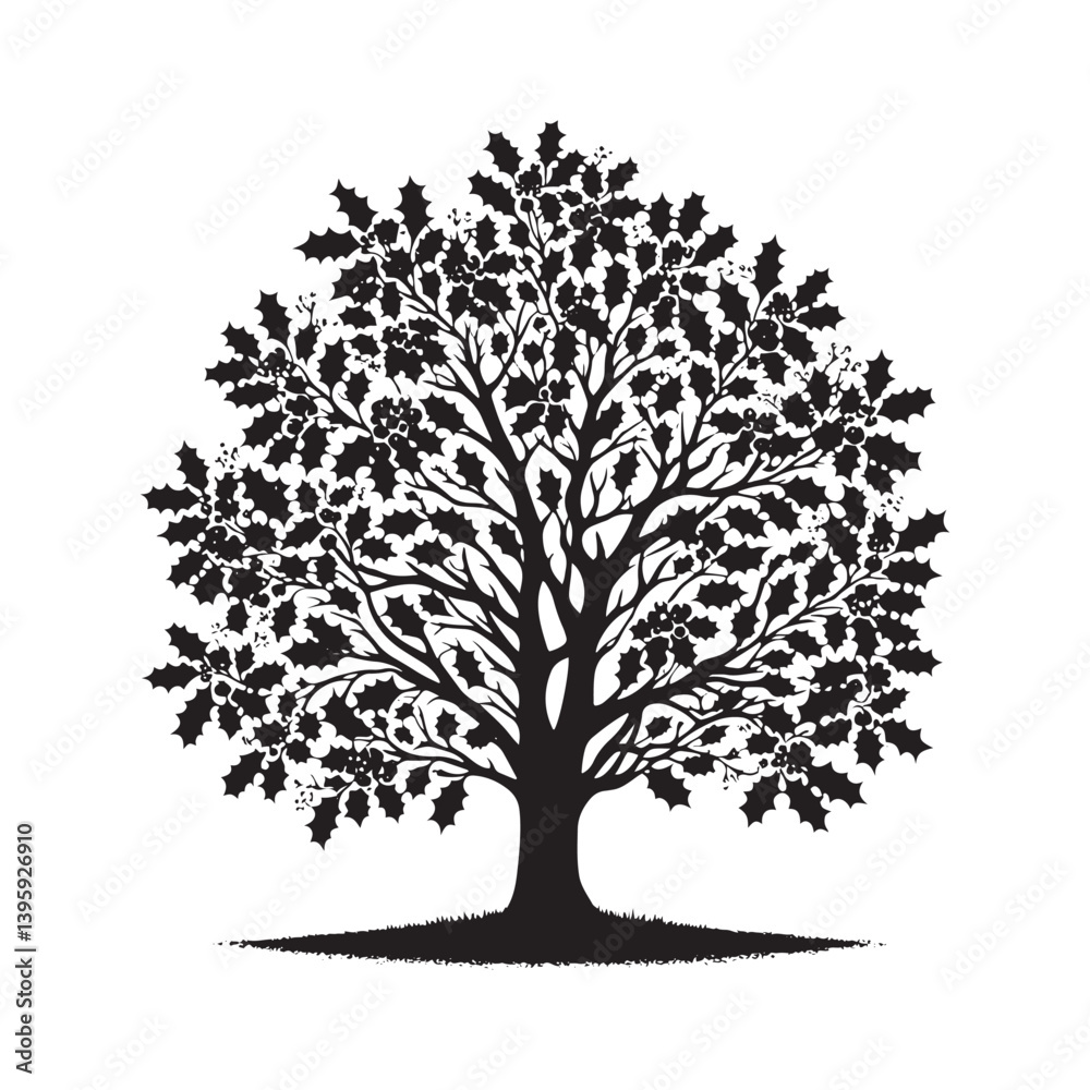 Obraz premium Holly Tree Art - Minimalist holly tree Silhouette - Holly Tree Vector - Tree Illustration.