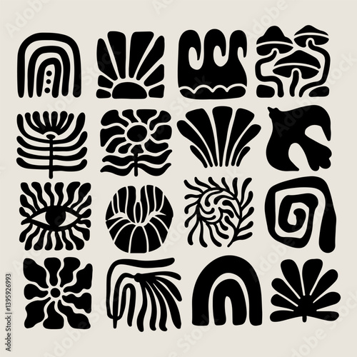 Trendy retro 70s-inspired groovy floral Matisse-style summer elements with leaf shapes, flowers, bird, rainbow, sea and sun , blending modern and organic elements. Vector
