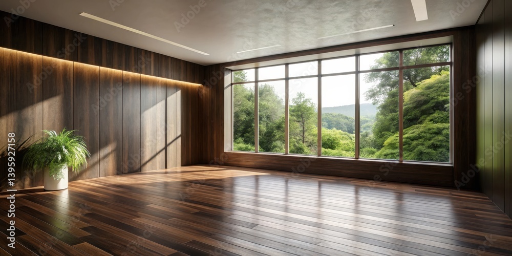 Fototapeta premium Spacious modern room with hardwood floors, wood paneling, and a large window overlooking a lush green landscape