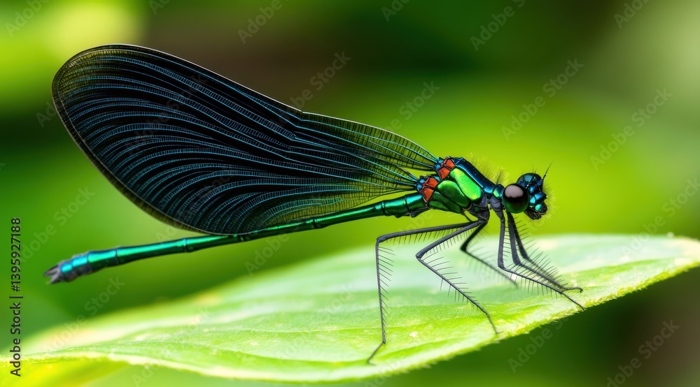 A blue and green dragonfly with black and white wings is perched on the edge of a green leaf.