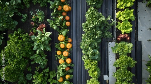 Urban Harvest: A vibrant urban garden flourishes with an array of vegetables and edible plants. This overhead shot showcases the beauty of sustainable food production. 