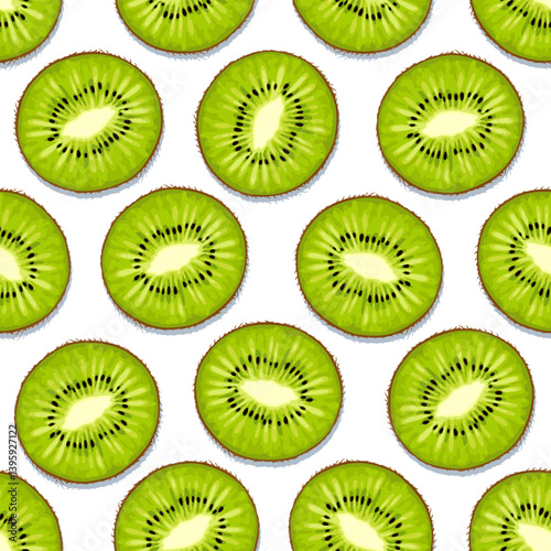 Seamless kiwi pattern. Sliced ​​kiwi on a white background. The design is great for wallpaper, fabric, labels, packaging.