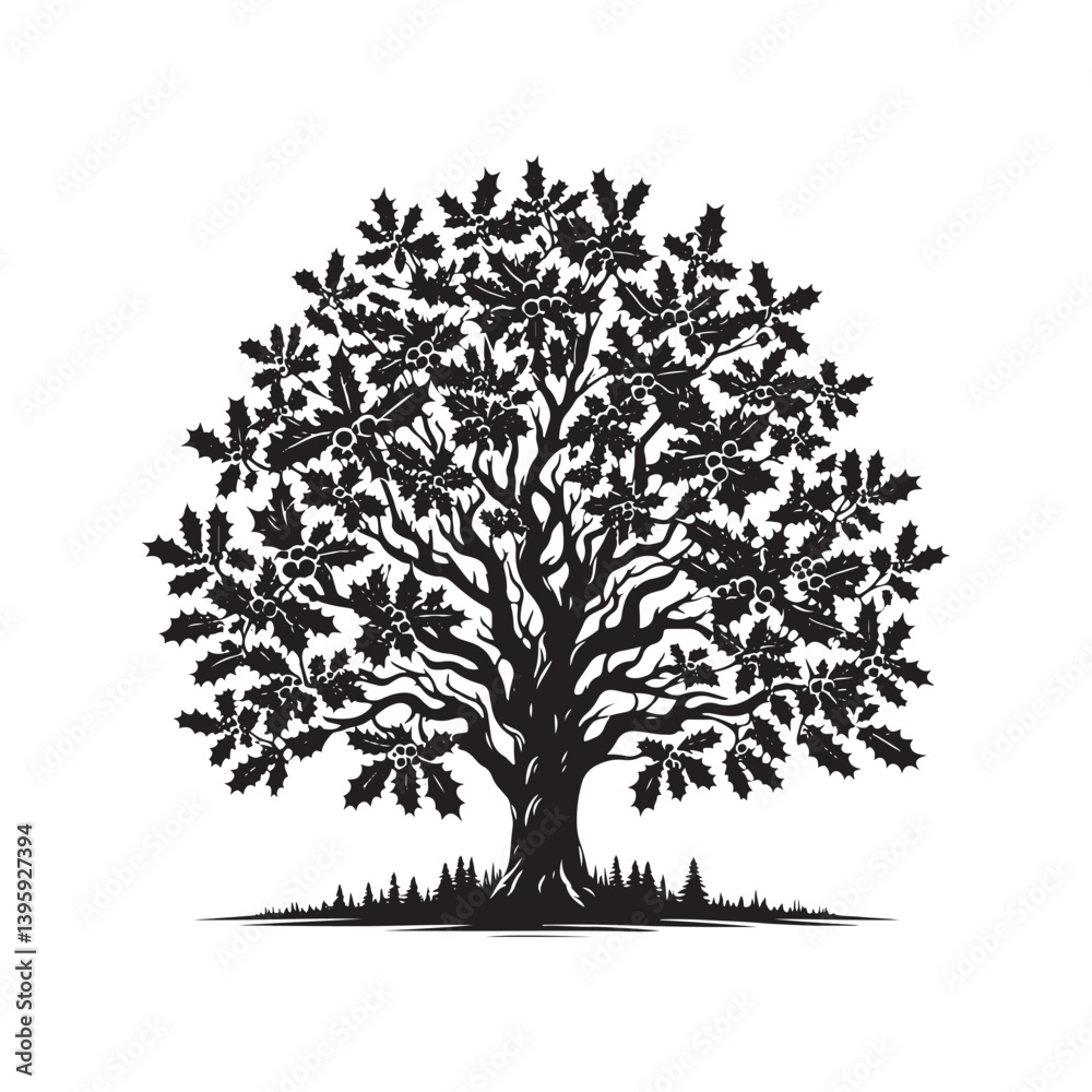 Fototapeta premium Holly Tree Art - Minimalist holly tree Silhouette - Holly Tree Vector - Tree Illustration.