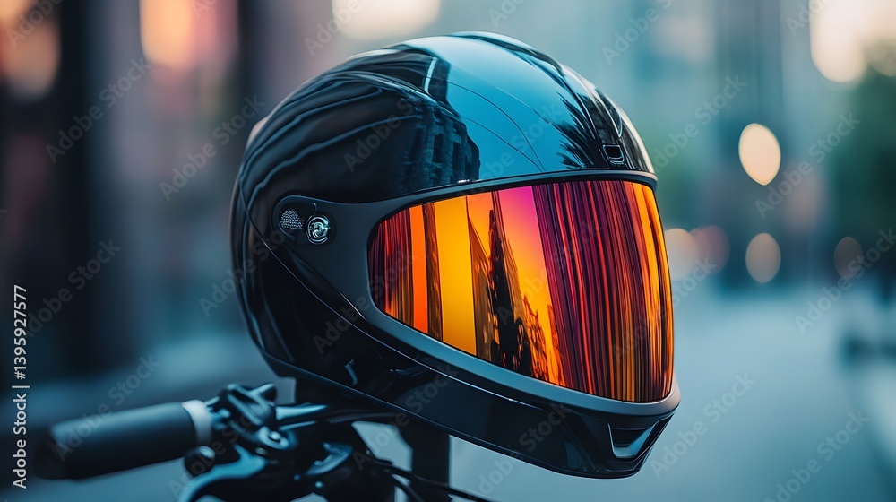 Fototapeta premium Motorcycle Helmet on Handlebar: A sleek, reflective motorcycle helmet rests on the handlebar of a bike, set against a vibrant urban backdrop.