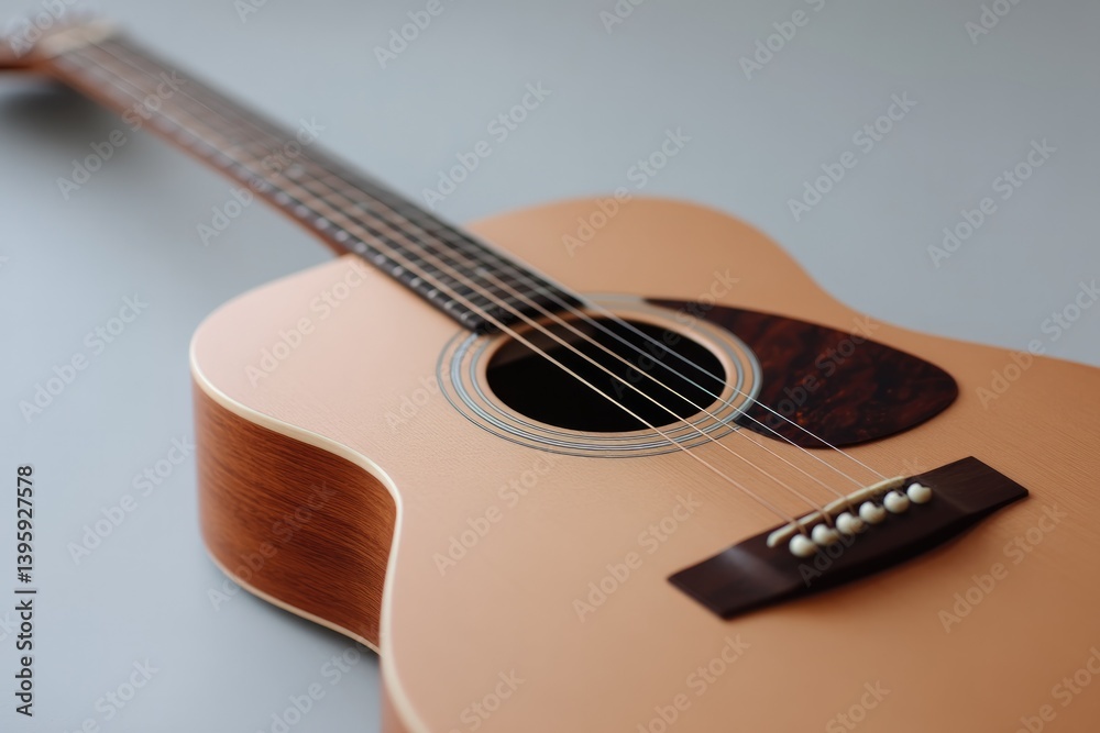 Obraz premium minimalistic scene of elegant acoustic guitar standing against neutral wall