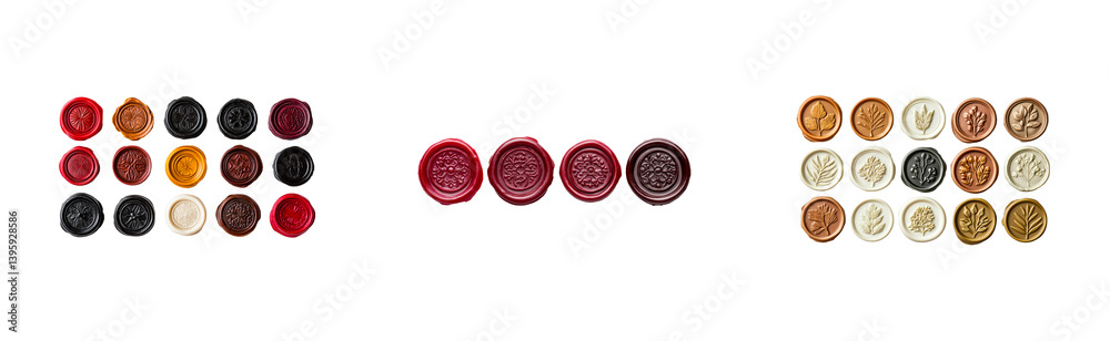 Fototapeta premium Vintage wax seals diverse collection stamps isolated, cut out transparent
