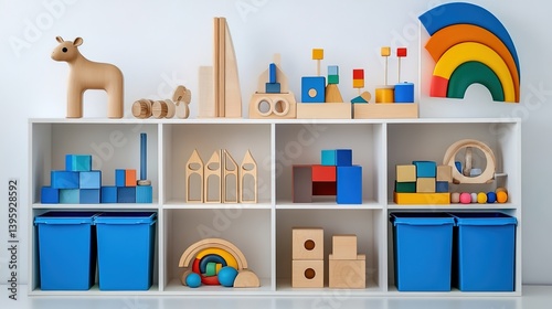 A white multi-layer shelf displaying various children's toys: plush toys, wooden animal figurines, colorful balls, and wooden toy houses on the top layer; wooden blocks, beaded toys