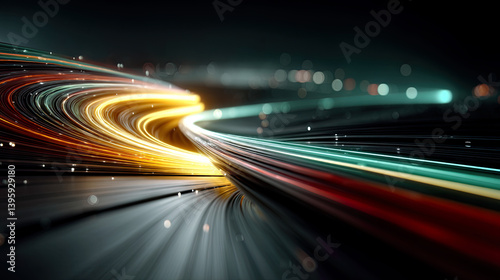 Spiraling Chromatic Vortex with Neon Light Streaks and Digital Distortion in Abstract High-Tech Motion
