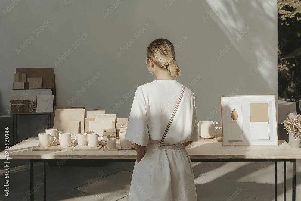 Woman in minimalist art shop browsing ceramic cups and artwork in sunlit space Woman in minimalist art shop browsing ceramic cups and artwork in sunlit space