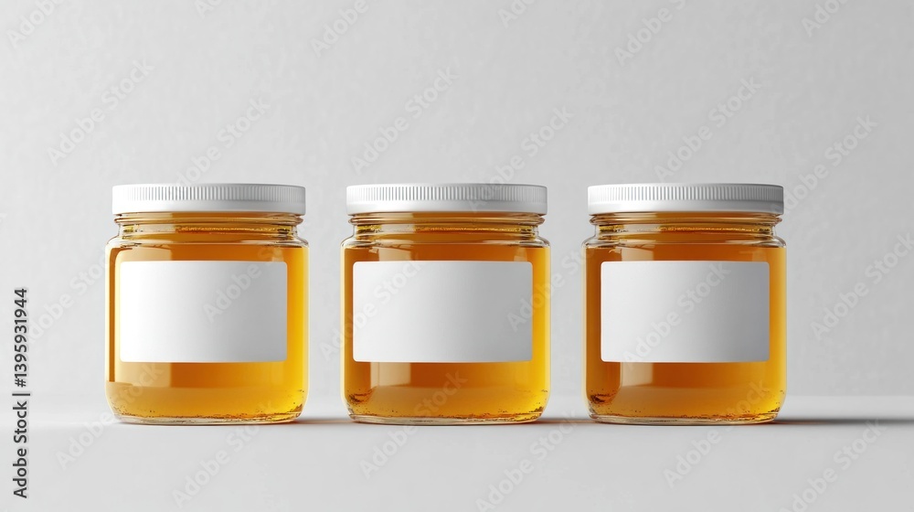 Three Honey Jars Mockup with Blank Labels Three Honey Jars Mockup with Blank Labels