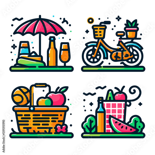 Lifestyle picnic items with bicycle and beverages in colorful style  