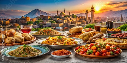 Kabul Cityscape with Traditional Afghan Food, Culinary Delights of Afghanistan