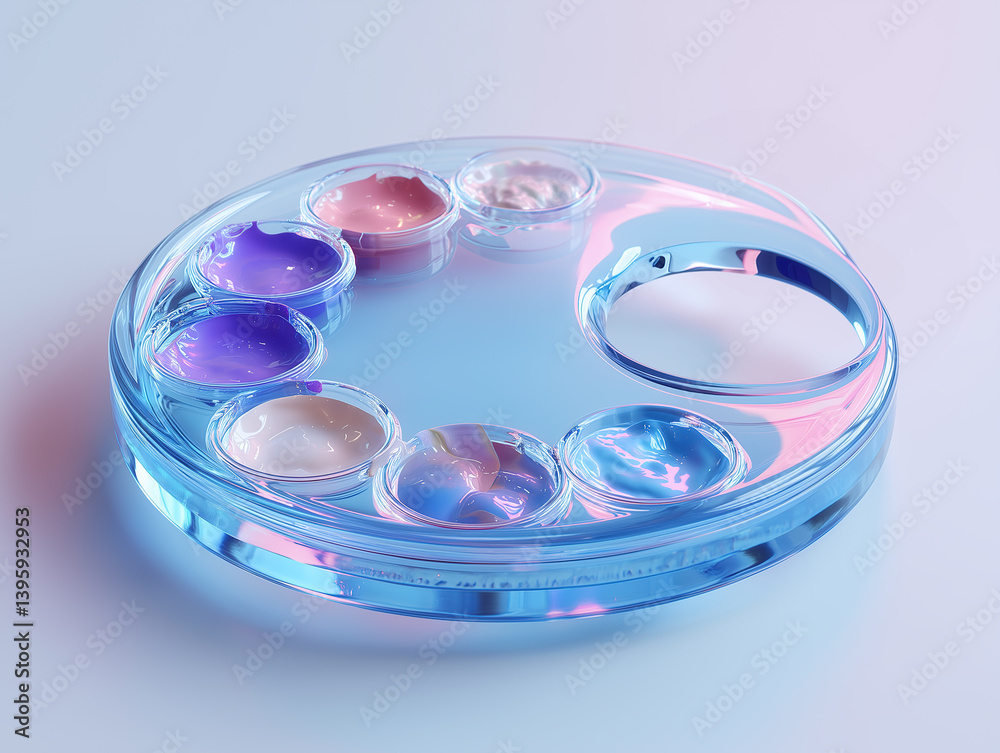 Blue, transparent neon paint palette in a perspective view on a gradient background Blue, transparent neon paint palette in a perspective view on a gradient background