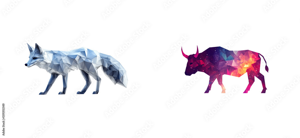 Fototapeta premium Geometric fox bull illustration, low poly animal figures, cut out transparent