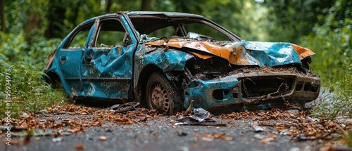 Severely damaged car abandoned in woods.  Extensive front-end and side damage is visible