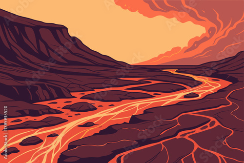 A fiery river of lava flows through a volcanic landscape under an ominous, orange sky with bold graphic lines and a stylized flat design.