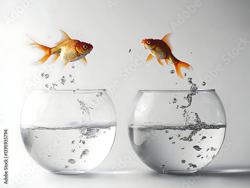 Wallpaper Mural Two fishbowls, one with goldfish jumping out of it into the other bowl, against a white background. Torontodigital.ca