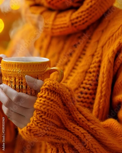 young woman hold cup of hot tea close up, autumn vibe