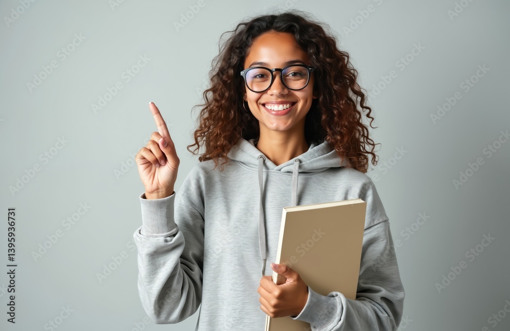 Young woman in eyeglasses with friendly smile holds book pointing finger upward. Smiling girl in grey hoodie represents idea of smart thinking studying. Happy student shows idea. Portrait of joyful Young woman in eyeglasses with friendly smile holds book pointing finger upward. Smiling girl in grey hoodie represents idea of smart thinking studying. Happy student shows idea. Portrait of joyful