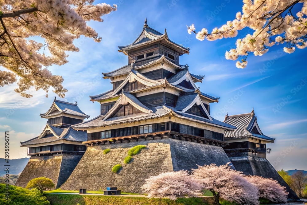 Naklejka premium Kumamoto Castle Japan: Panoramic Spring Landscape with Cherry Blossoms and Ancient Walls