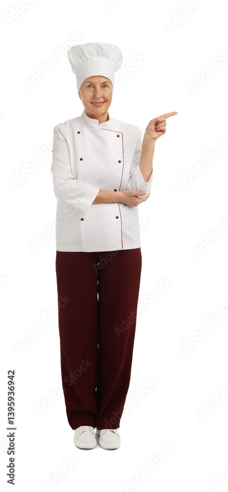 Professional pastry chef pointing at something on white background Professional pastry chef pointing at something on white background
