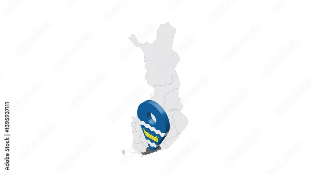 Location Uusimaa Region on map Finland. 3d Uusimaa Region flag map marker location pin. Map of Finland showing different parts. 4K.  Animated Video
