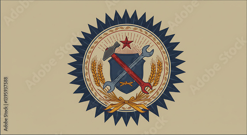 Vintage emblem with star and cogwheel, socialist symbolism.