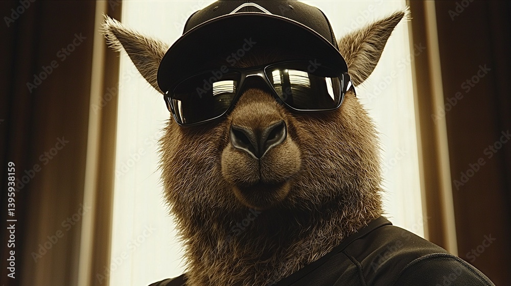 Fototapeta premium A close-up photo of a llama wearing sunglasses and a baseball cap on its head