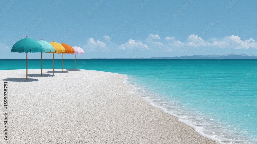 Fototapeta premium beach landscape, a lively, wide summer beach view with bright sand, colorful umbrellas, and calm waves beneath a clear blue sky