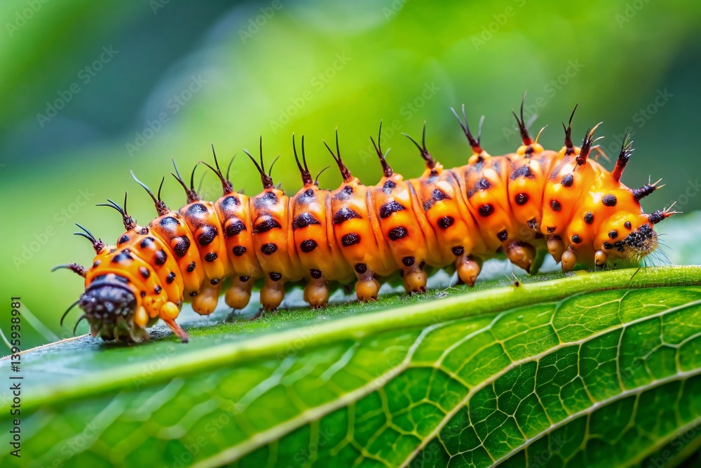 Large Orange Spotted Caterpillar Crawling on Green Leaf - Stock Photo Large Orange Spotted Caterpillar Crawling on Green Leaf - Stock Photo