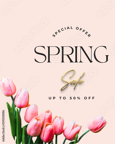 Elegant spring sale poster with pink tulips and golden "Sale" text, offering up to 50% off on a transparent background.