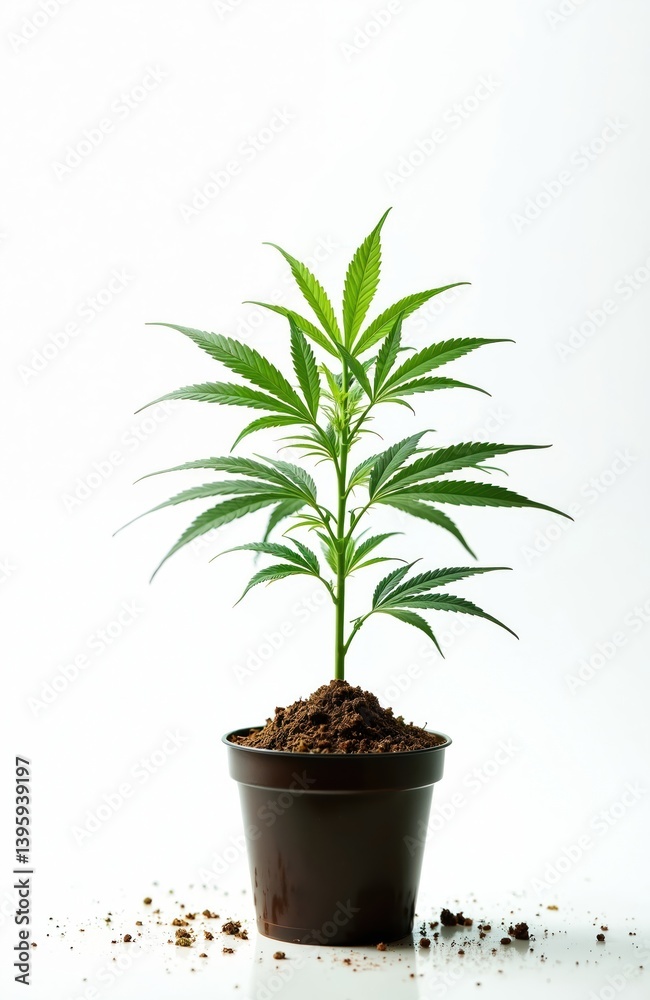 Fototapeta premium Cannabis plant grows in pot isolated on white. Green leaves with growing stem, cannabis cultivation, medical marijuana concept. Herbal medicine alternative therapy, cannabis for health care.