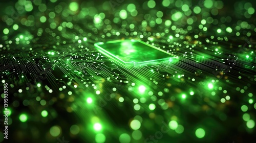 Futuristic circuit board with glowing green chip