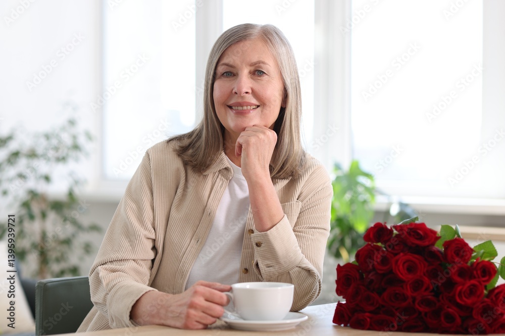 Smiling woman with bouquet of roses drinking at table indoors Smiling woman with bouquet of roses drinking at table indoors