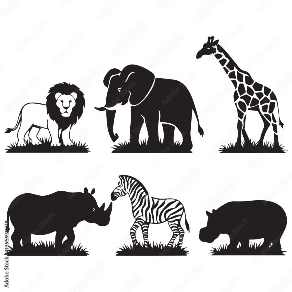 Naklejka premium Wild animal silhouette vector set with lion elephant tiger bear wolf and more