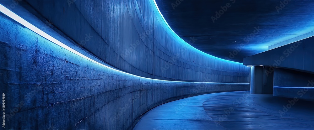 Obraz premium A curved-ceiling dark blue concrete tunnel with glowing blue light strips on inner walls, smooth flat ground, cold technological atmosphere and depth perspective.