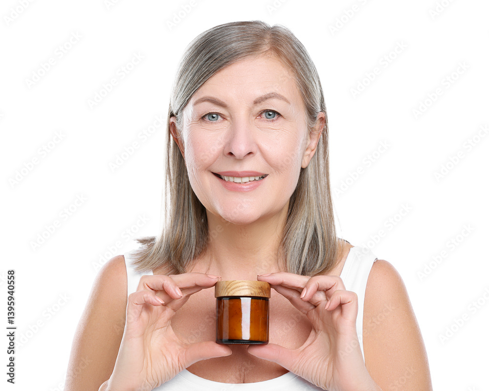 Smiling woman with jar of collagen cream on white background Smiling woman with jar of collagen cream on white background